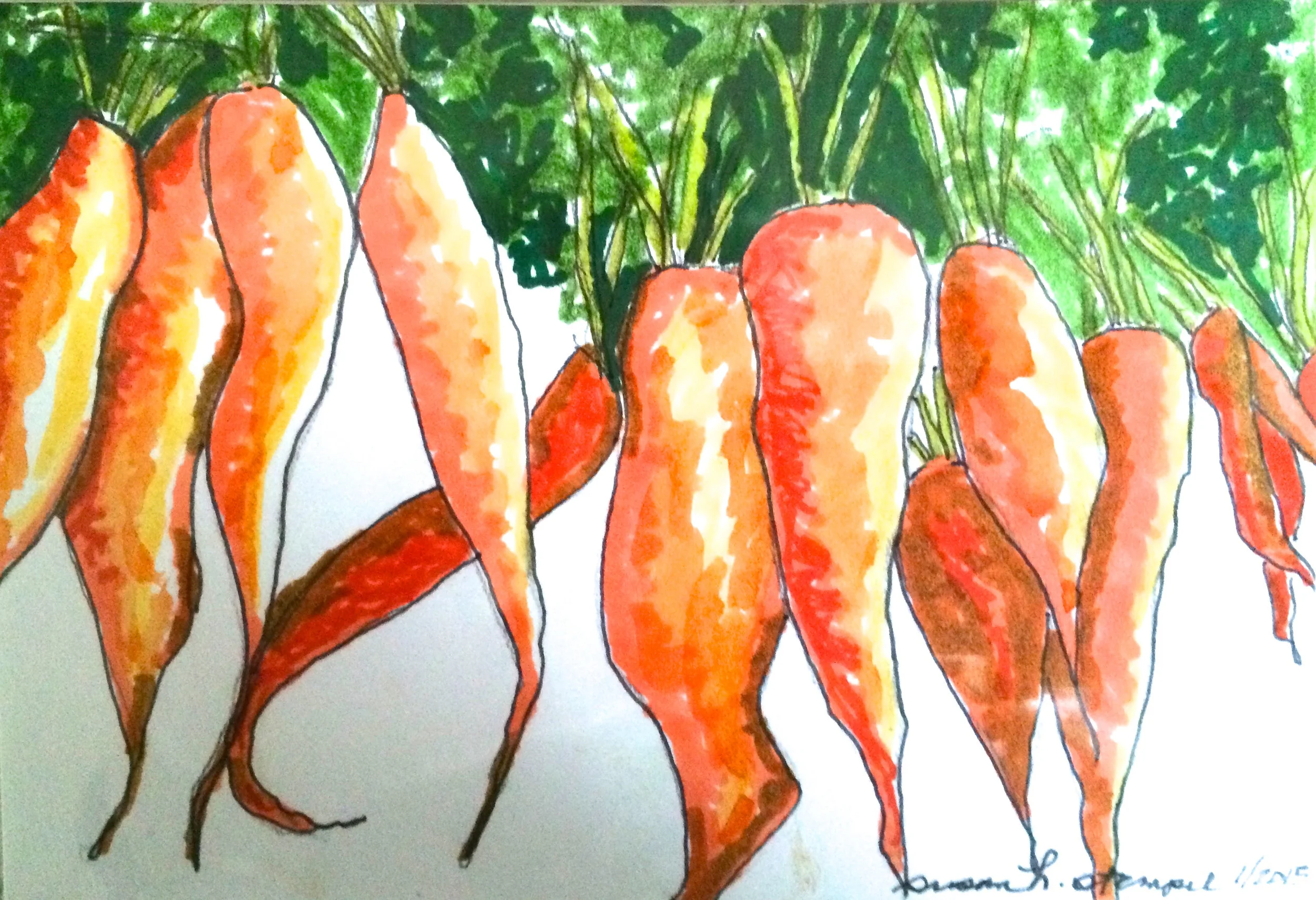SOLD 4" x 6" pen & ink on paper. "Dancing carrots"