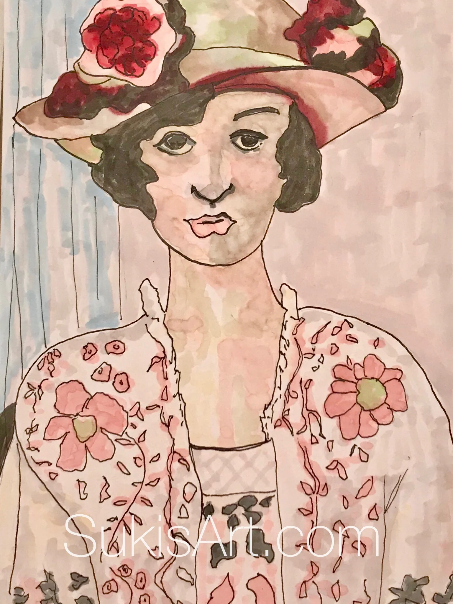 $300. 5" x 7" pen & ink on paper. "A Study of Matisse's 'A Woman in a Hat'"