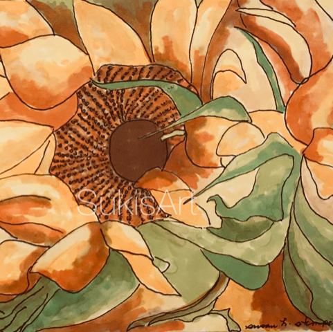 $300. 5" x 7" pen & ink on paper. "Late Sunflower"