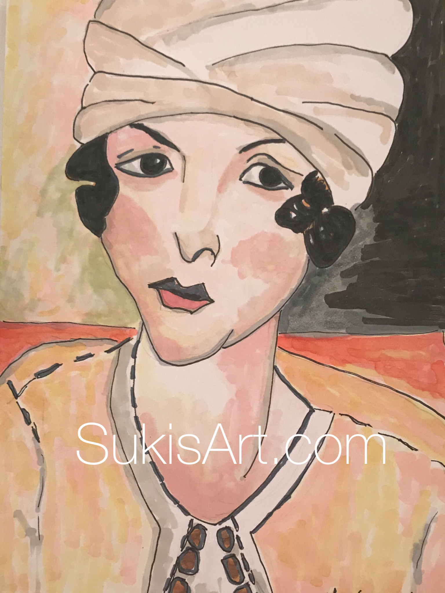$300 5" x 7" pen & ink on paper. "A study of Matisse's 'Lorette in Turban with yellow vest.'"