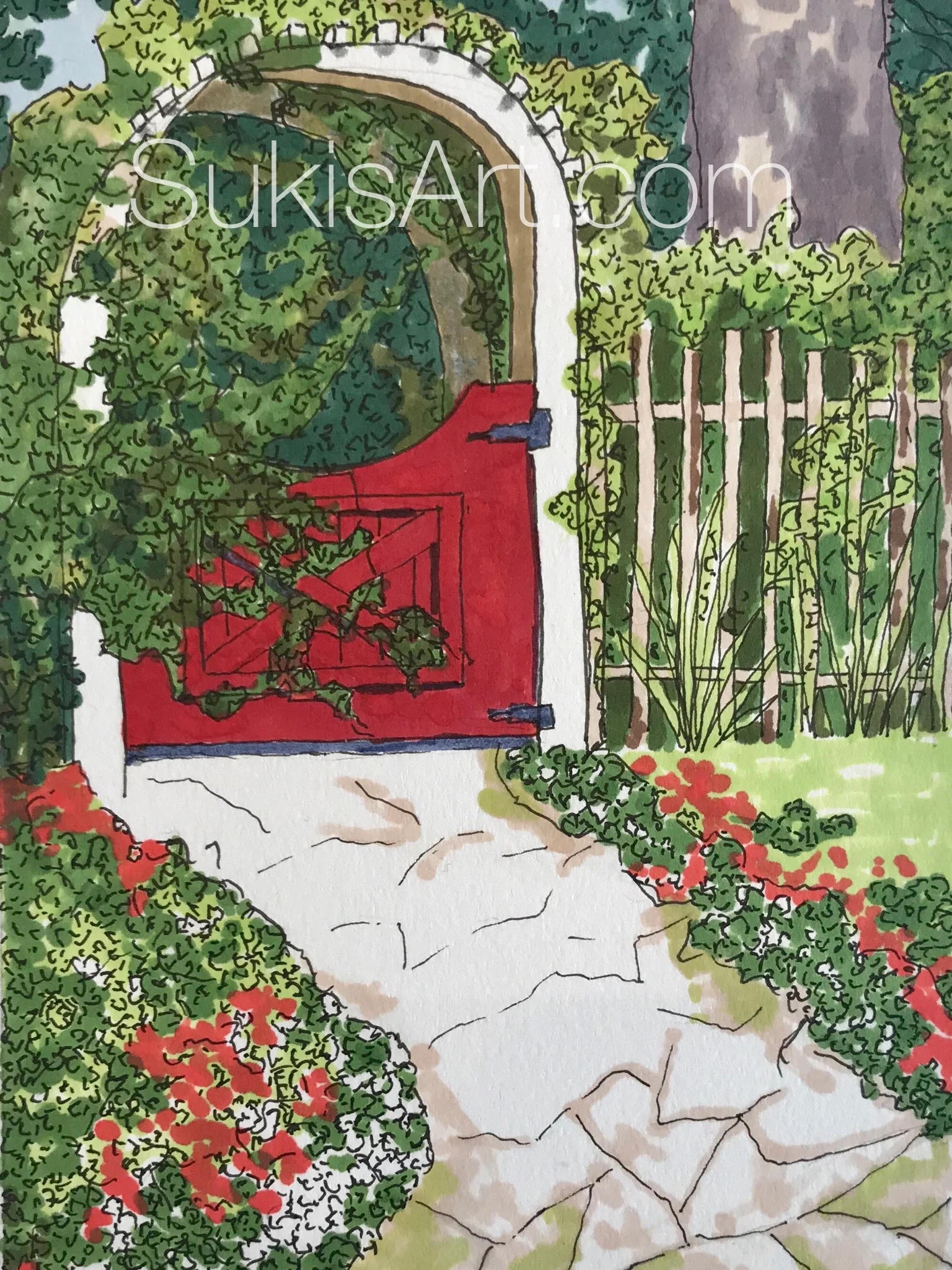 SOLD 5" 7" pen & ink on paper. "Naomi's Garden Gate."