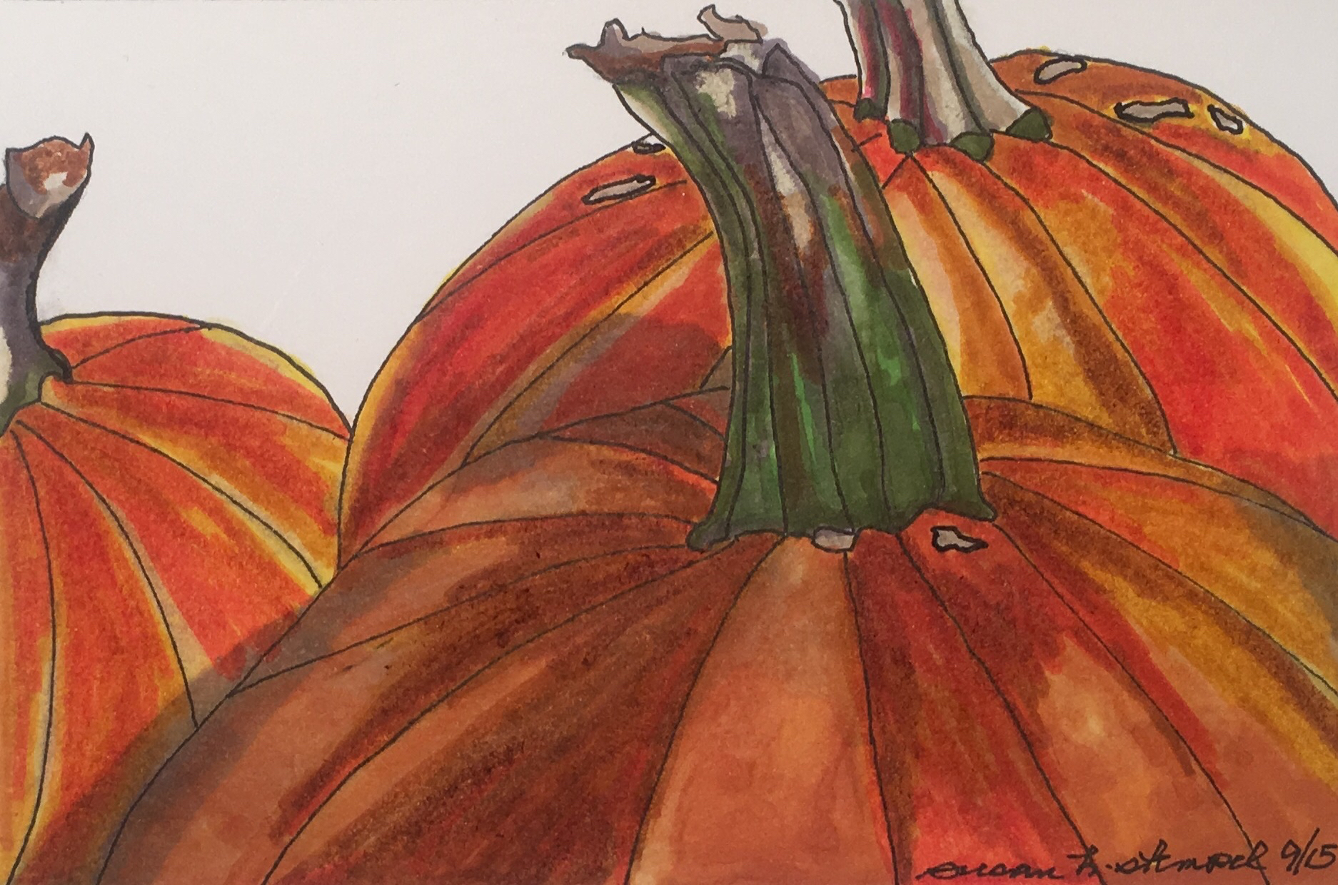 SOLD 4" x 6" pen & ink on paper "Pumpkin time"
