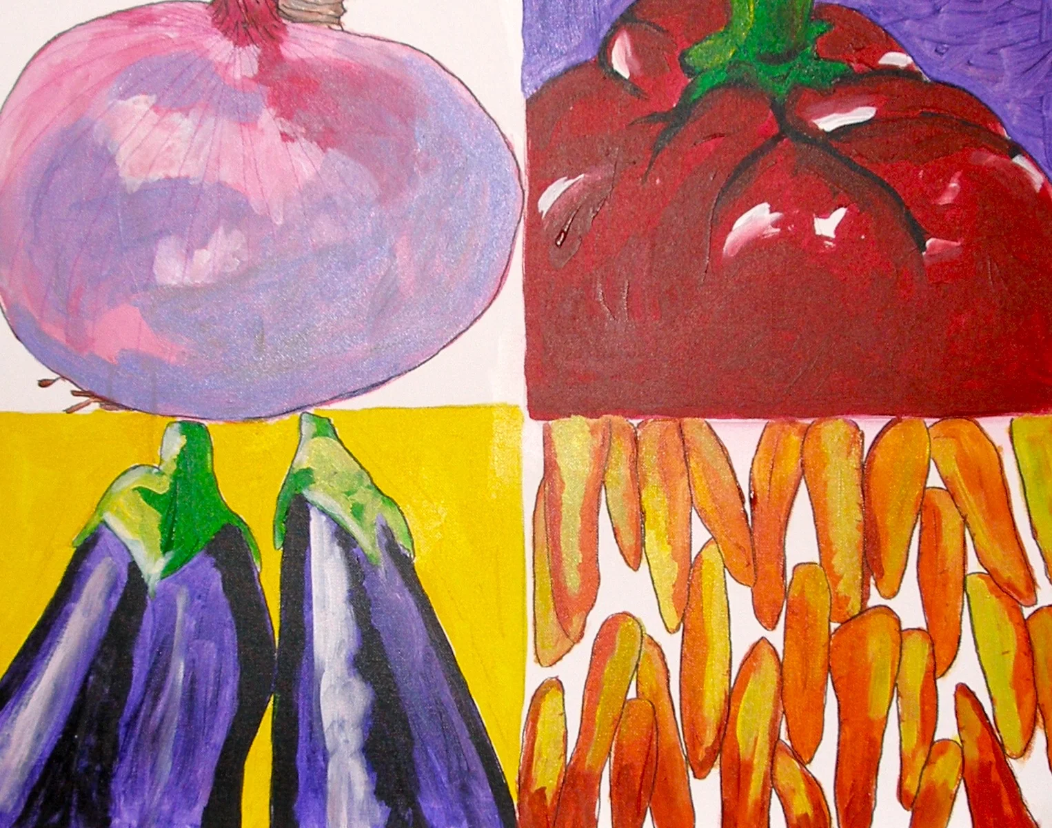 $2,500. 20" x 30" acrylic on canvas. "A quadrant of veggies." 1