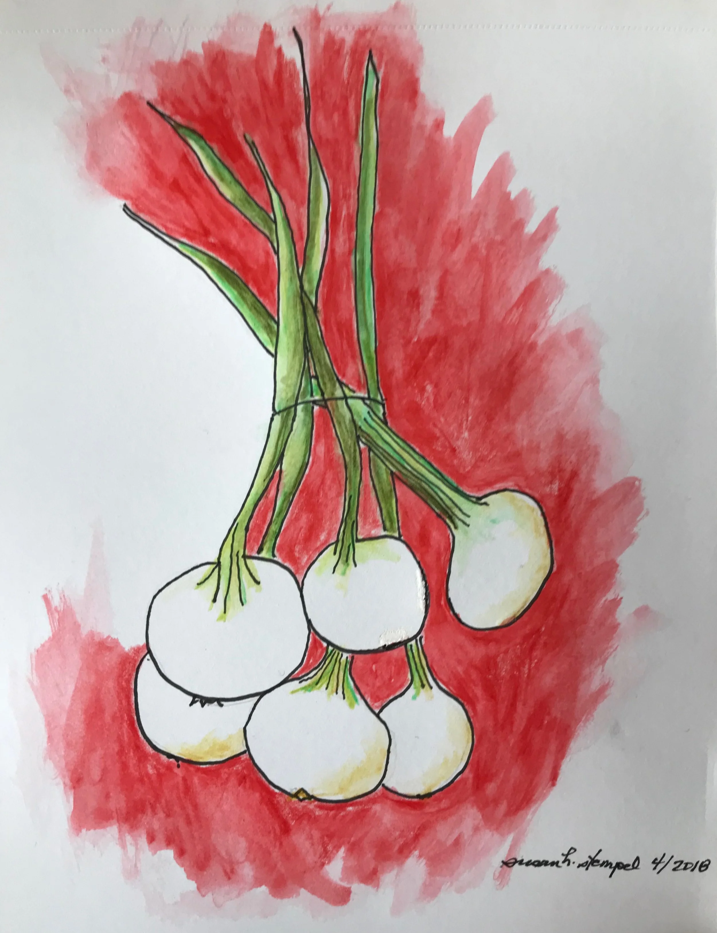 $300.  5" x 7" mixed media on paper. "Spring onions"  