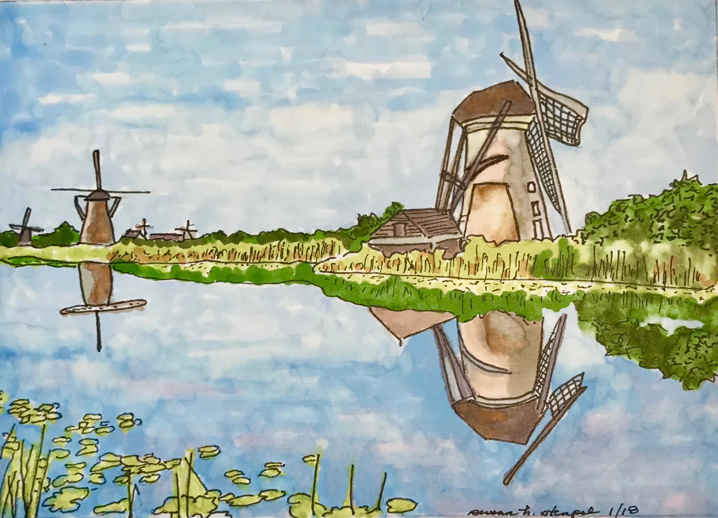 $300. 5" x 7" pen & ink on paper. "Land of the Windmills"