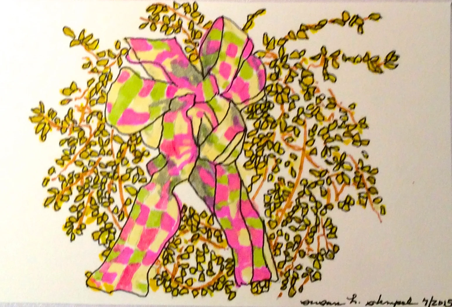 $300. 4" x 6" pen & ink on paper. "Forsythia on our door"
