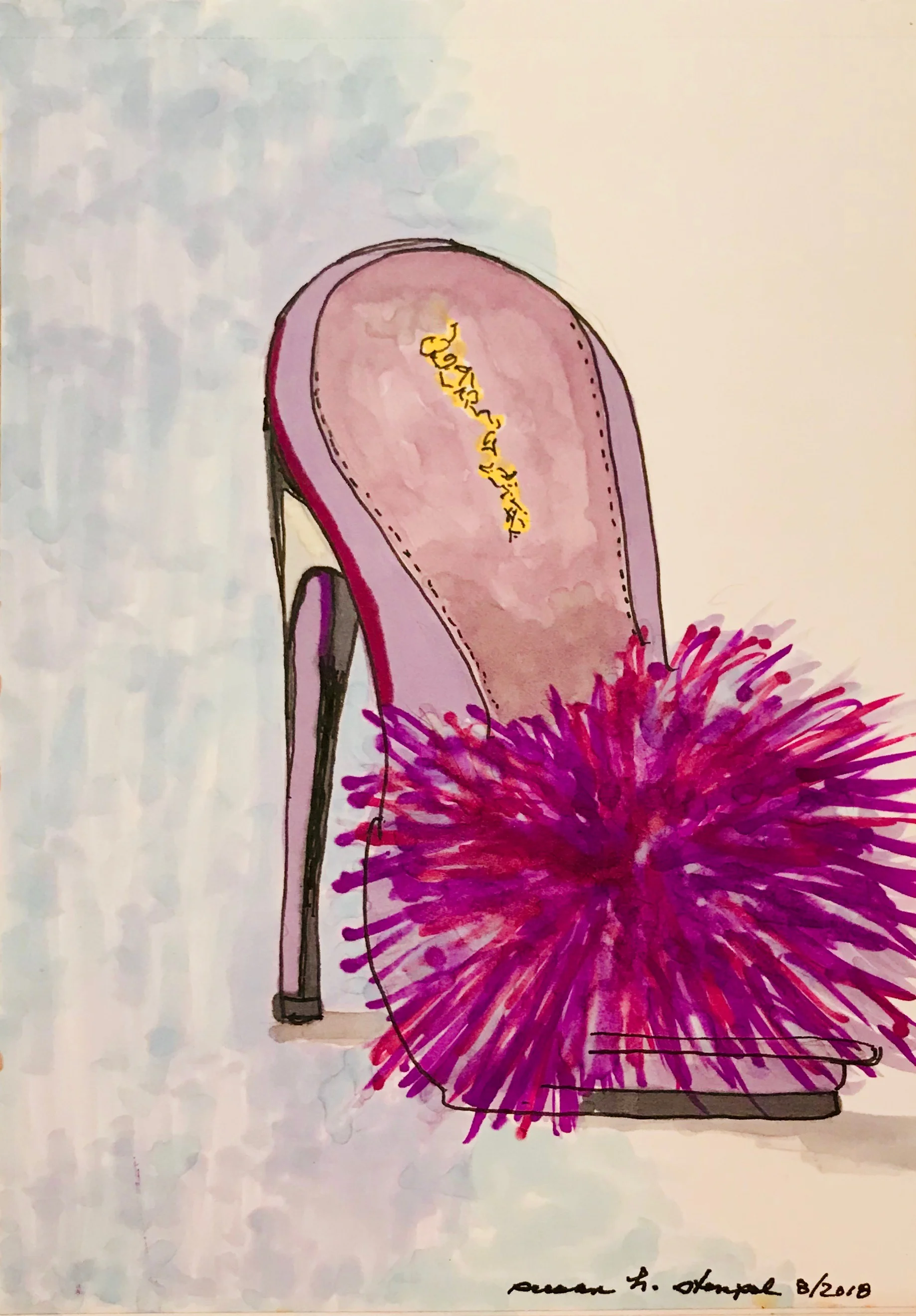 $300. 5" x 7" Pen & ink on paper. "Fantasy Slippers"