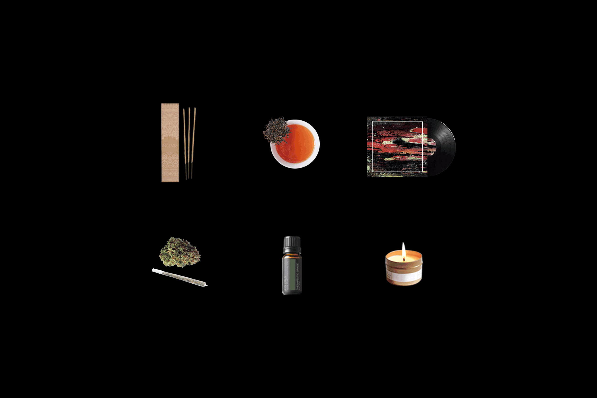 Incense, tea, vinyl, marijuana, essential oil, and a candle boxed into a complimenting package.