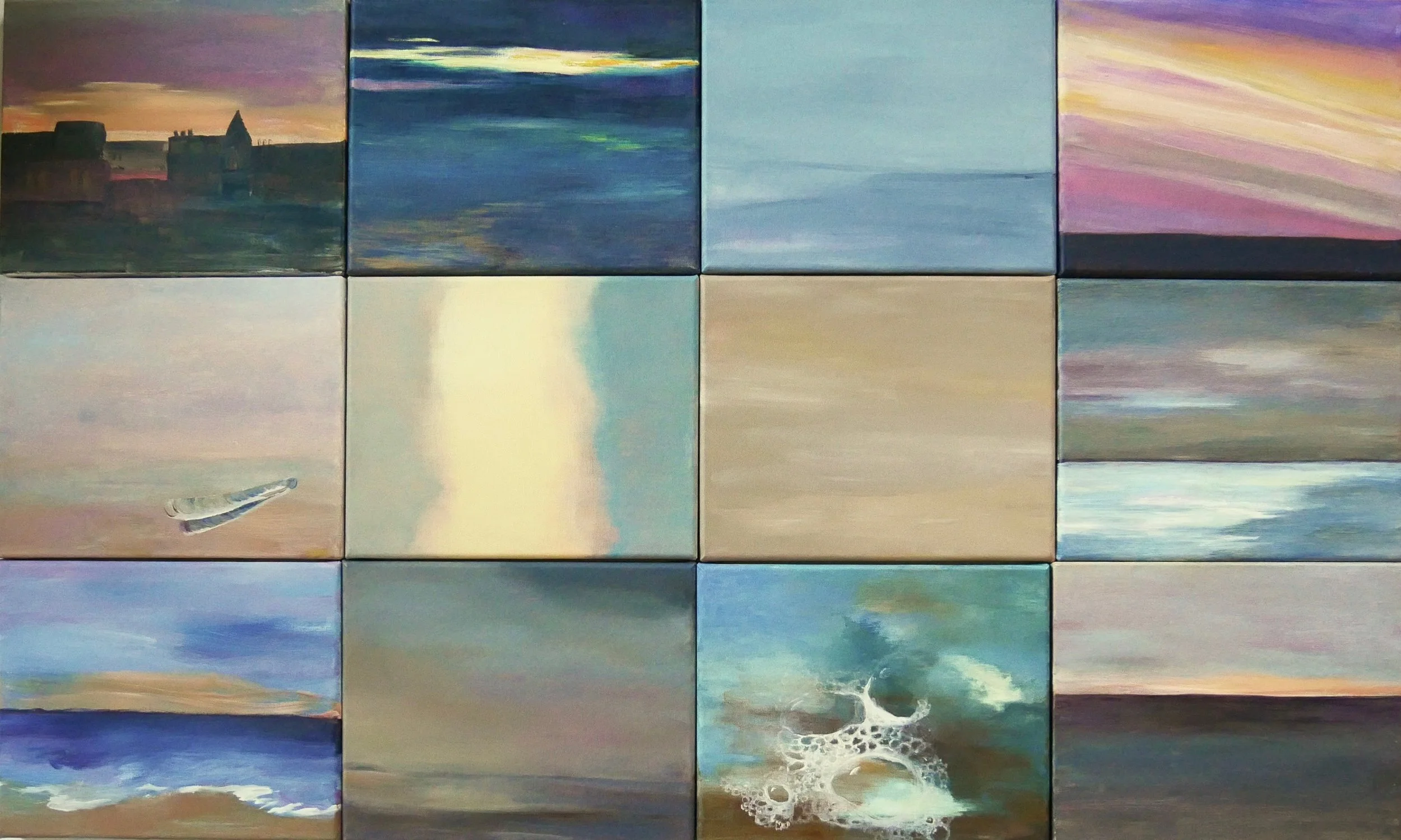 Bovenstaande twaalf paneeltjes van 24x30 cm zijn impressies van het Scheveningse licht