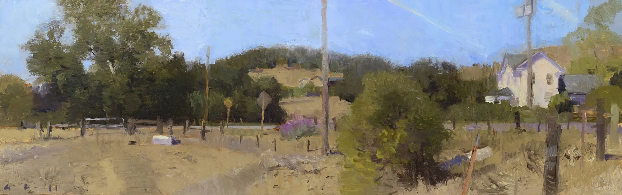 Ann Lofquist, Santa Rosa Creek Road, oil on panel, 5.75×18″