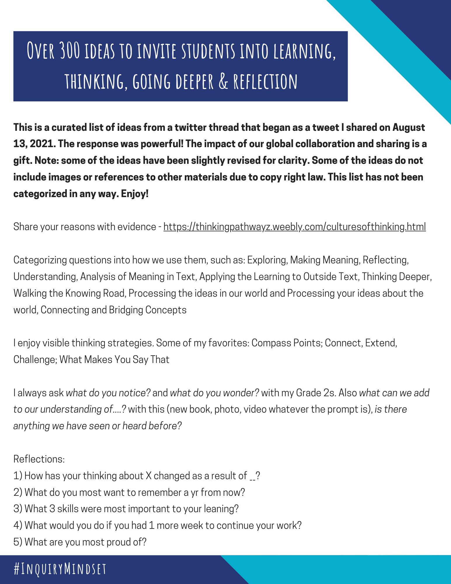 Over 300 Ideas to Invite Students Into Learning, Thinking, Going Deeper & Reflection