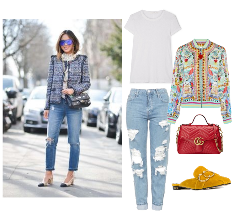 T-Shirt : Rag and Bone, The Tee Slub Pima Cotton T-Shirt, $90 // Mules : Charlotte Olympia, Yellow Velvet Mule Flats, $278 (Orig. $555) // Bomber Jacket: Camilla, Close to My Heart Embellished Printed Silk Bomber. $336 // Bag : Gucci, GG Marmont 2.0 Leather Shoulder Bag, $980 // Jeans : Top Shop, Hayden Ripped Jeans, $90