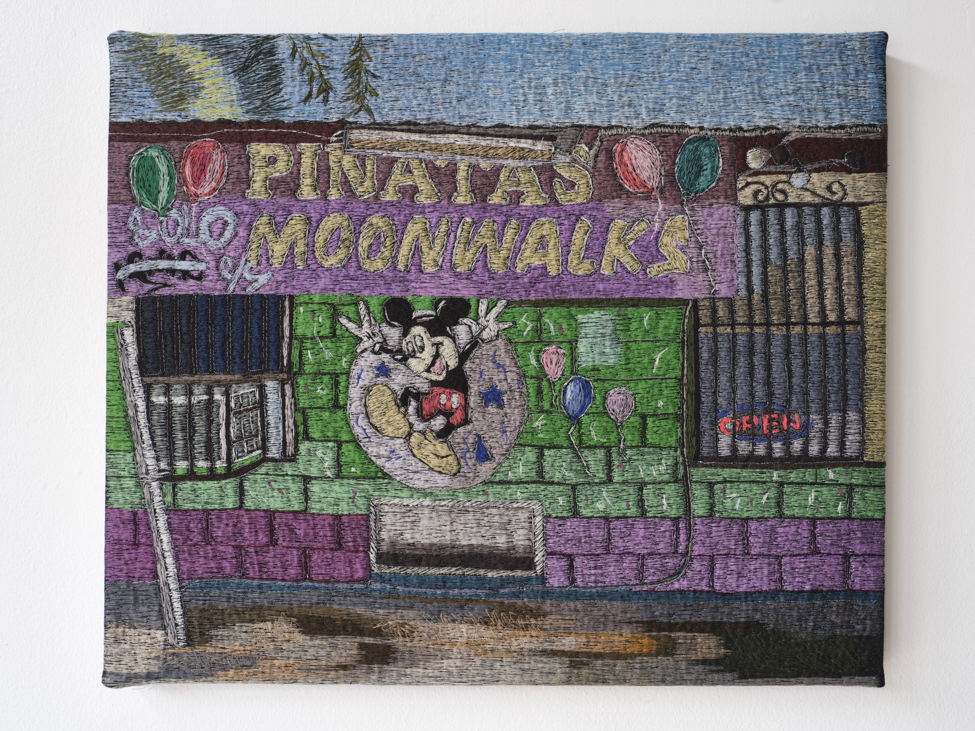   Moonwalks on East Cesar Chavez Street   20 x 24 inches  Polyester Thread on Denim   2023 