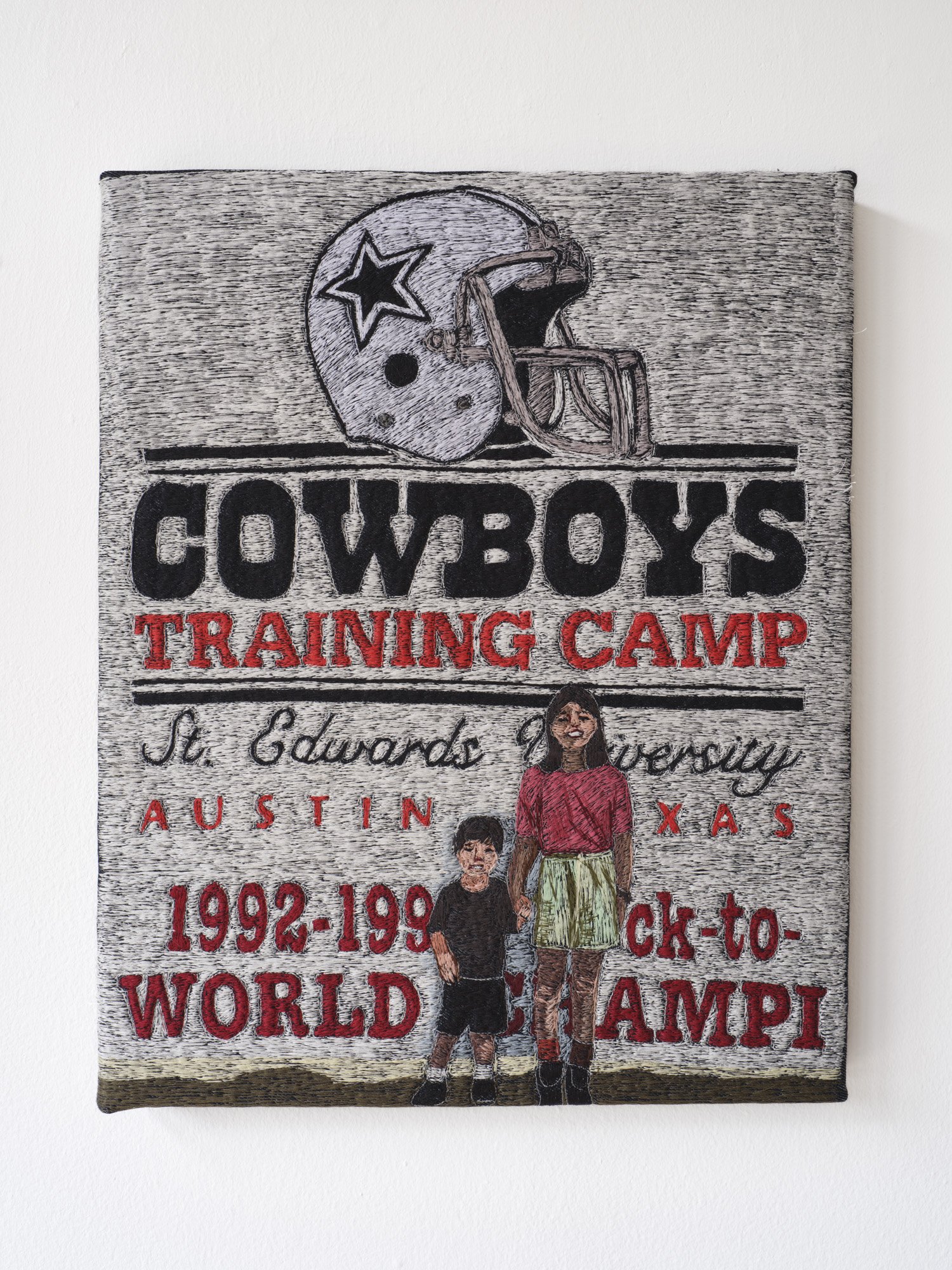   Cowboys Training Camp (Ricky and Nina)   16 x 20 inches  Polyester thread on denim   2023 