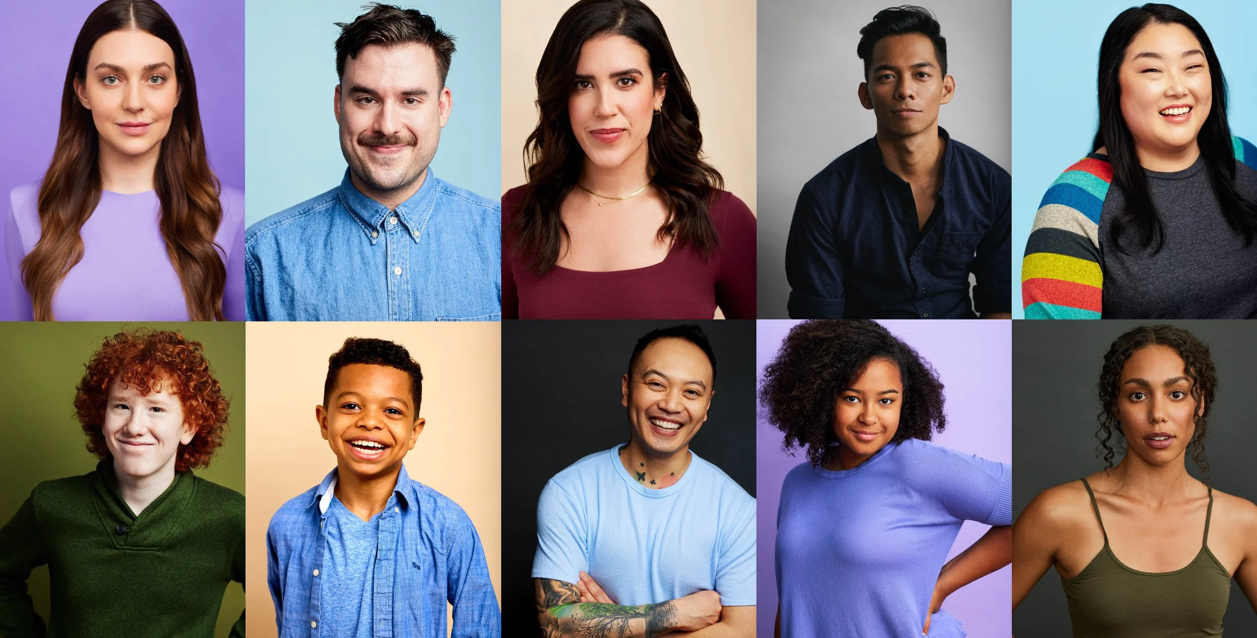 A diverse collage of professional actor headshots featuring various lighting styles and expressions, shot at Binks Headshots Toronto.