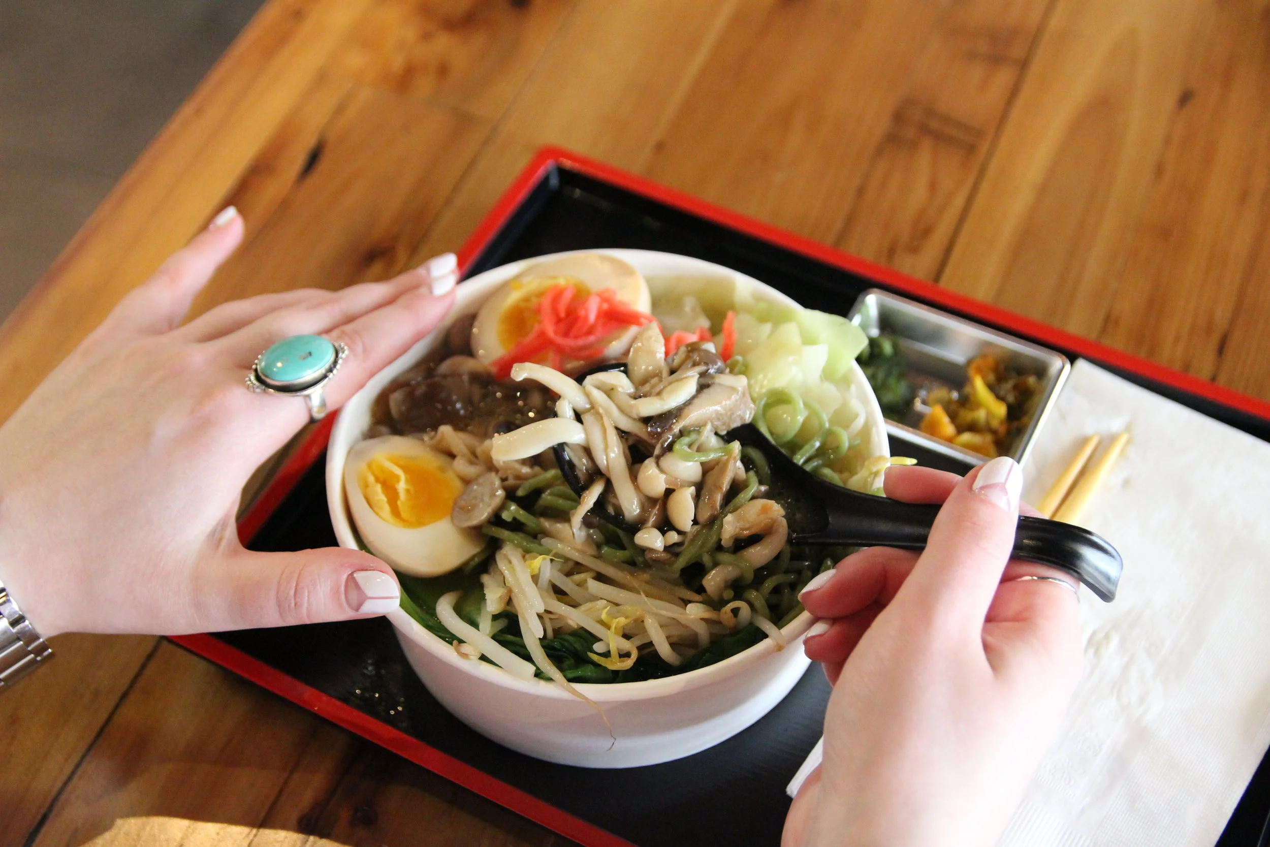Truffle mushroom - mushroom and vegetable broth, kale ramen noodles, sautéed mushrooms, bean sprouts, cabbage, bok choy, pickled ginger (and my added egg) $14