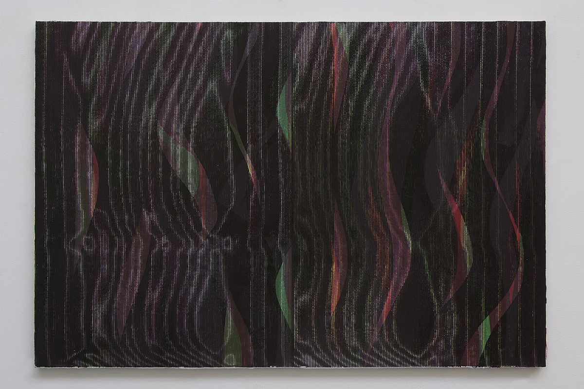 Casting silkscreen ink and acrylic varnish on gessoed canvas mounted to panel 23 x 33 inches 2017