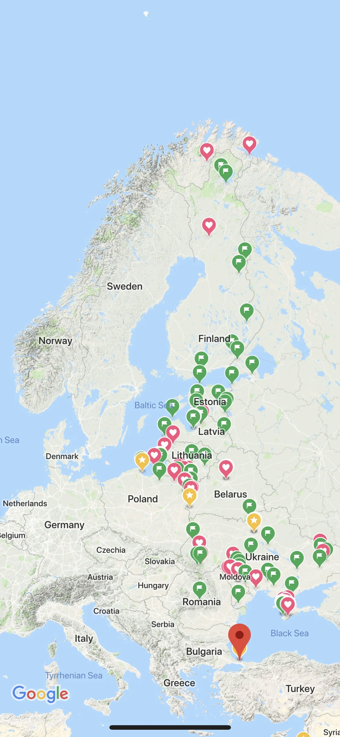 The route. This is actually a screenshot from my iPhone at the end of the journey, with all the that places I visited.