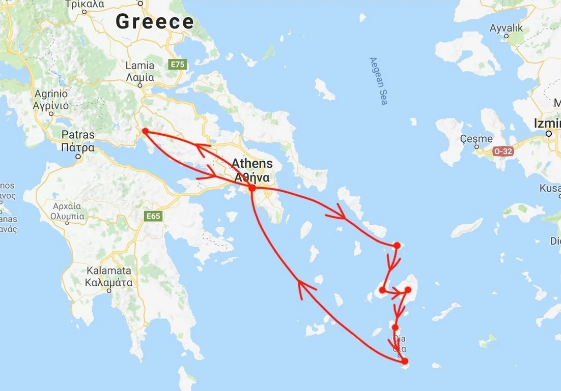 began in athens → mykonos → paros → naxos → ios → santorini → athens → delphi → return to athens