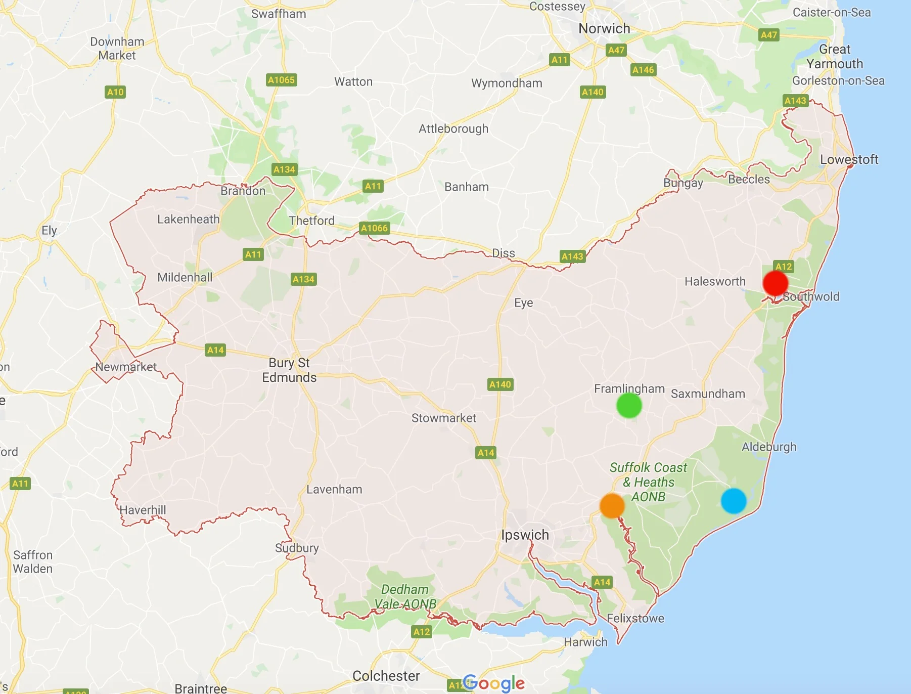 Suffolk county: red dot - southwold; green dot - framlingham; blue dot - orford; orange dot - woodbridge