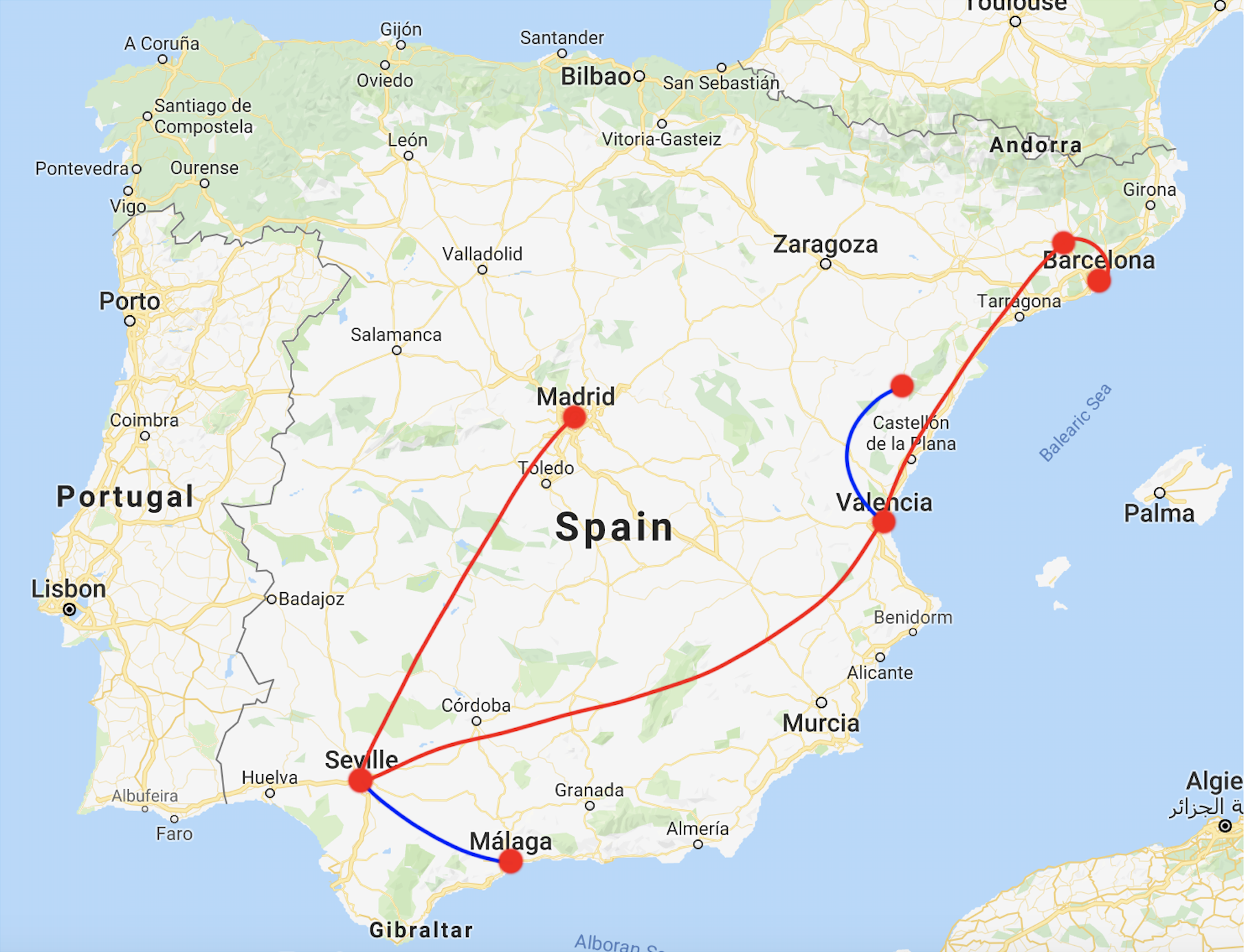 barcelona (-> montserrat) -> valencia (-> morella) -> seville (-> malaga) -> madrid