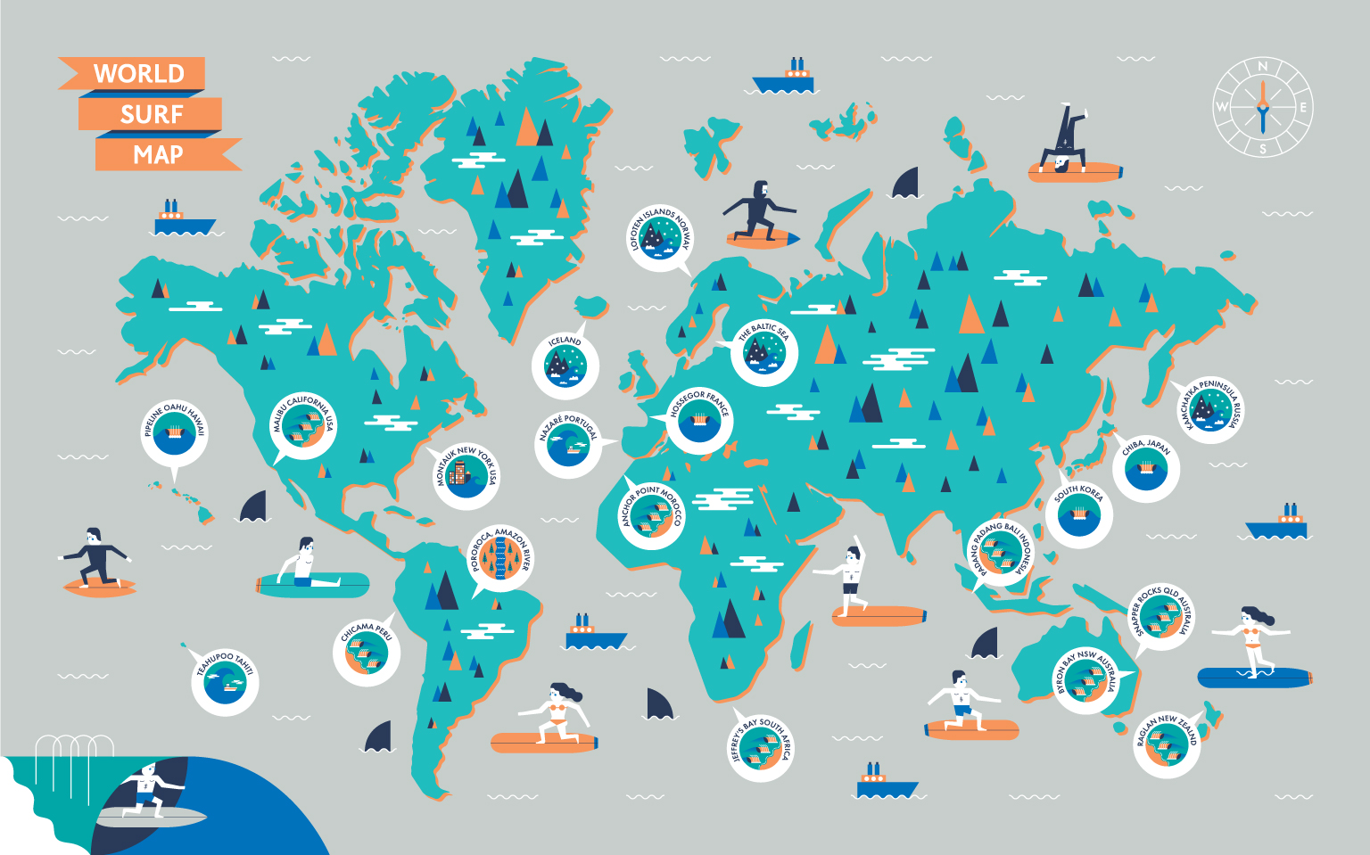 Illustrated map of surfing zones featured in Surf Odyssey