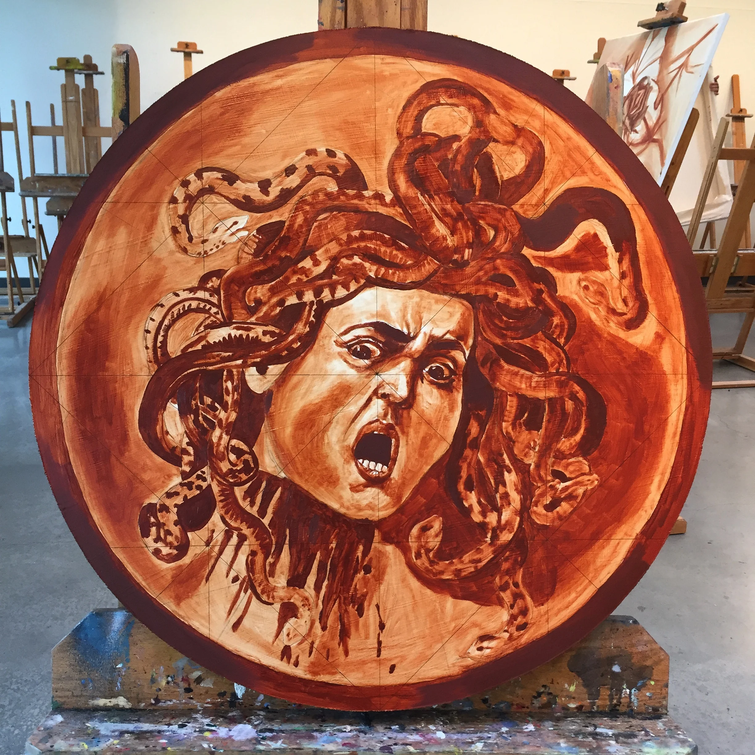 The finished underpainting. I used burnt sienna to mimic Caravaggio's bistre.