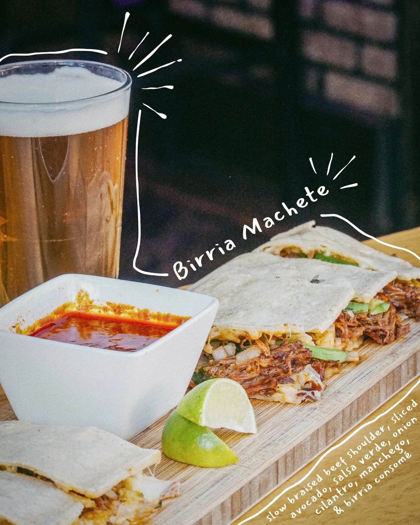 Try our Quesa Birria Machete— stuffed with birria, salsa verde, avocado, onion, cilantro, oaxaca, manchego and birria consumé on the side 🔥 Made to share, but we doubt you’ll want to.