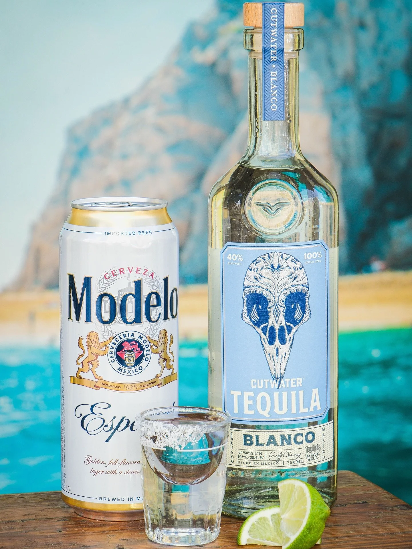 Make your weekend a party! Grip it &lsquo;n rip it, $18 all day everyday!🍋&zwj;🟩Modelo 24oz tall can + Cutwater Blanco Tequila.