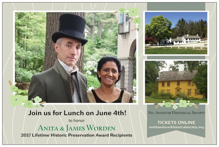 Save the Date announcement from the North Andover Historical Society in honor of Anita and James Worden. 