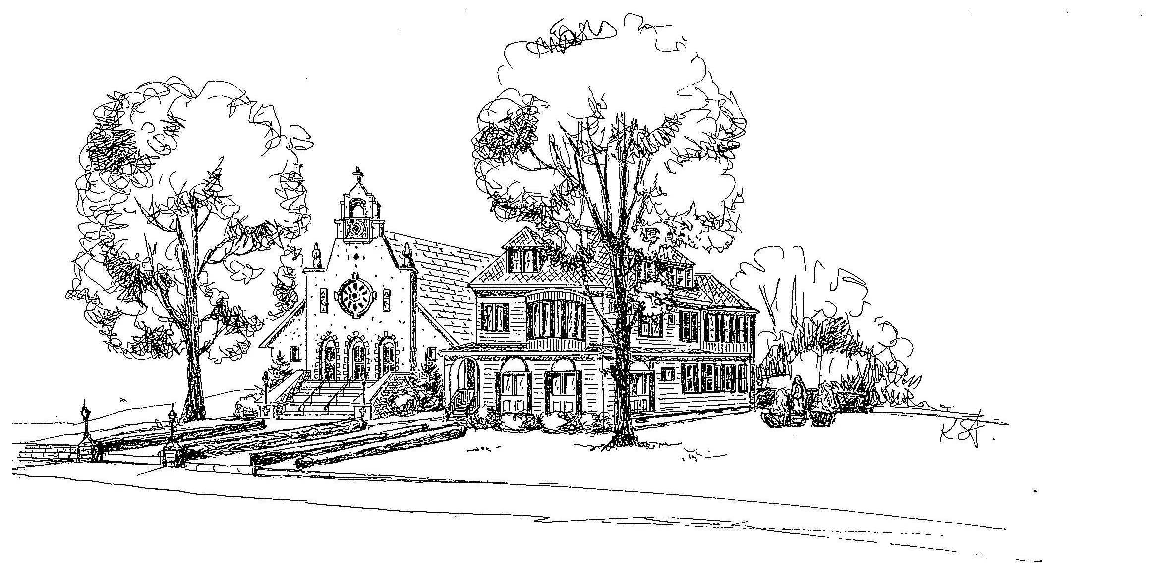 Sketch of old Church and rectory with new Mission Style facade 1918-1928.jpg