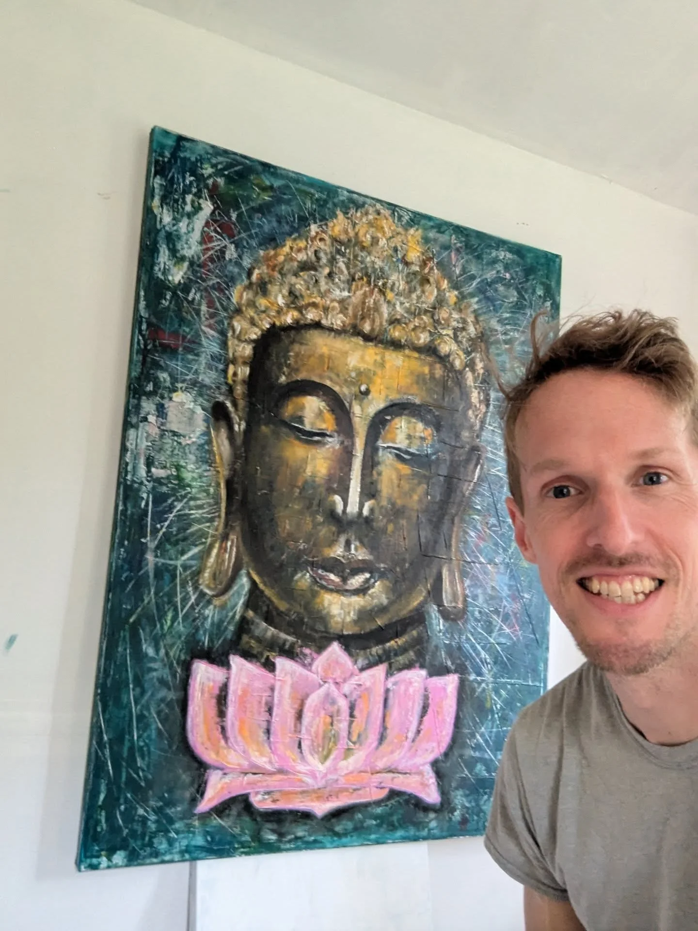 "Anapana"
2026
Oil and acrylic on canvas
36" x 48"

I love working on a big canvas. Lots of underlayers. Exploring the energy and textural depth of abstract painting and starting to combine it with the more figurative portraiture 