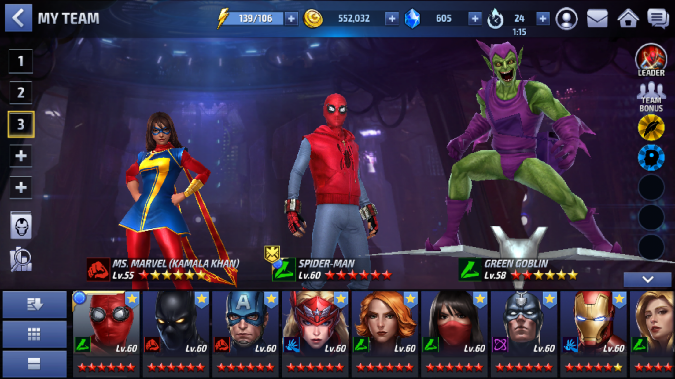 Marvel Future Fight - Team Selection page
