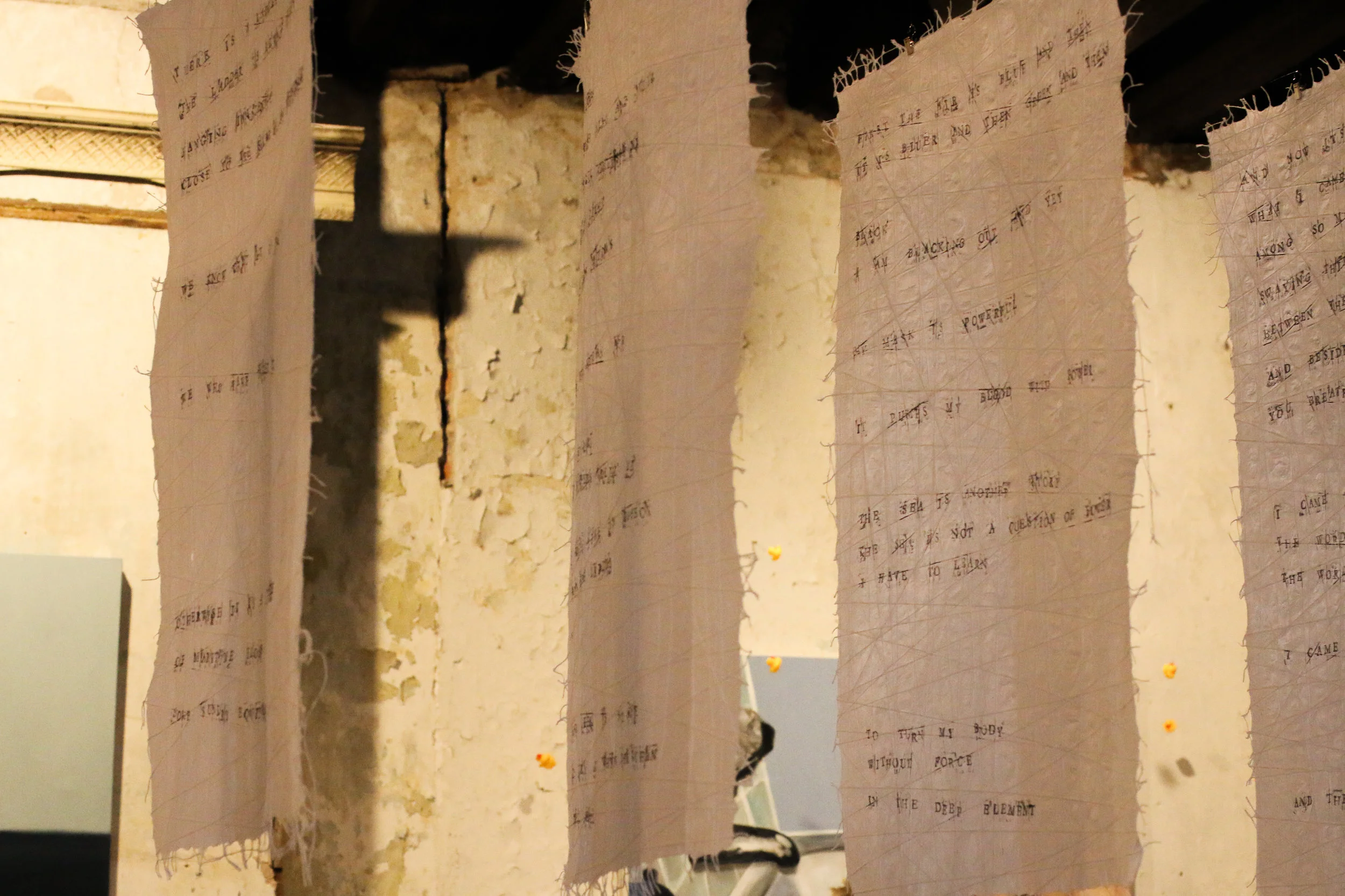 Diving Into The Wreck , 5, 22x30”, hand stamped poem by Adrienne Rich, 2019