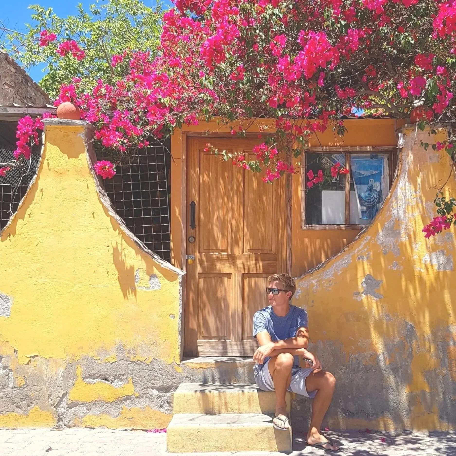Shawn Steyn sitting on yellow concrete steps in front of a yellow wall with a wooden door and window, surrounded by pink bougainvillaea flowers and green foliage, under a bright blue sky, in Todos Santos, Mexico.