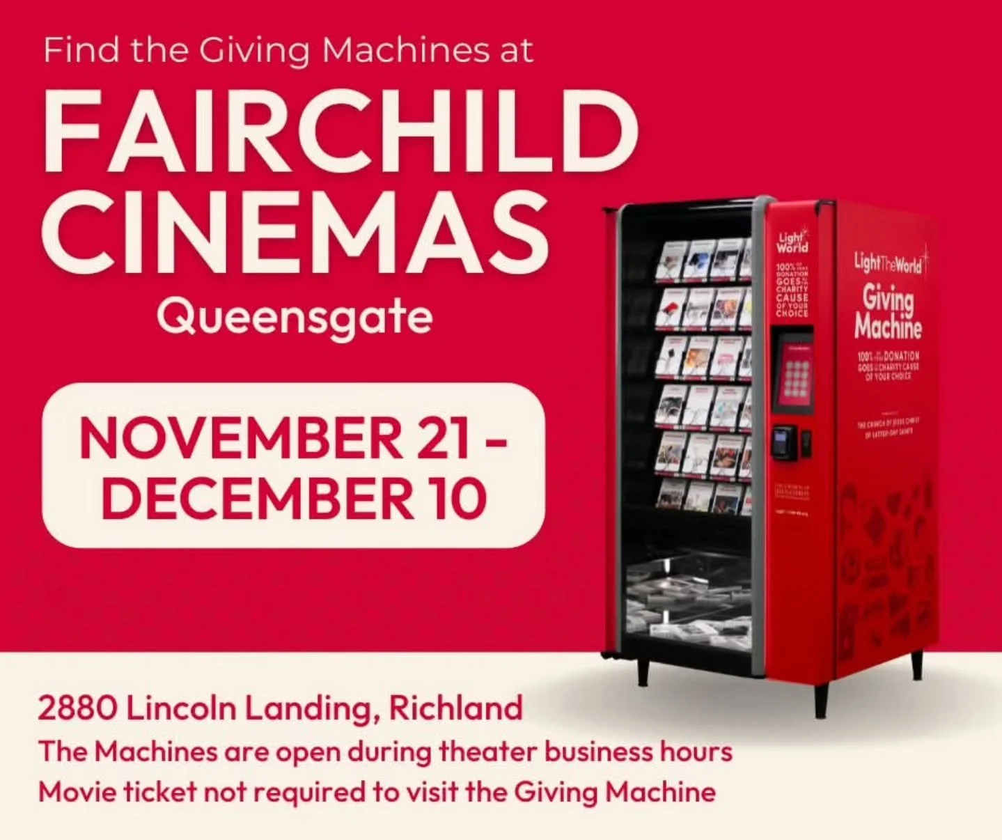 🎁 Tri-City Youth Choir's Forte! will be performing for Giving Machine Tri-Cities at Fairchild Cinemas in Richland Saturday, December 6th from 5:45 - 7:30 pm. Come see us and consider a donation to any of the local non-profits represented in the Givi