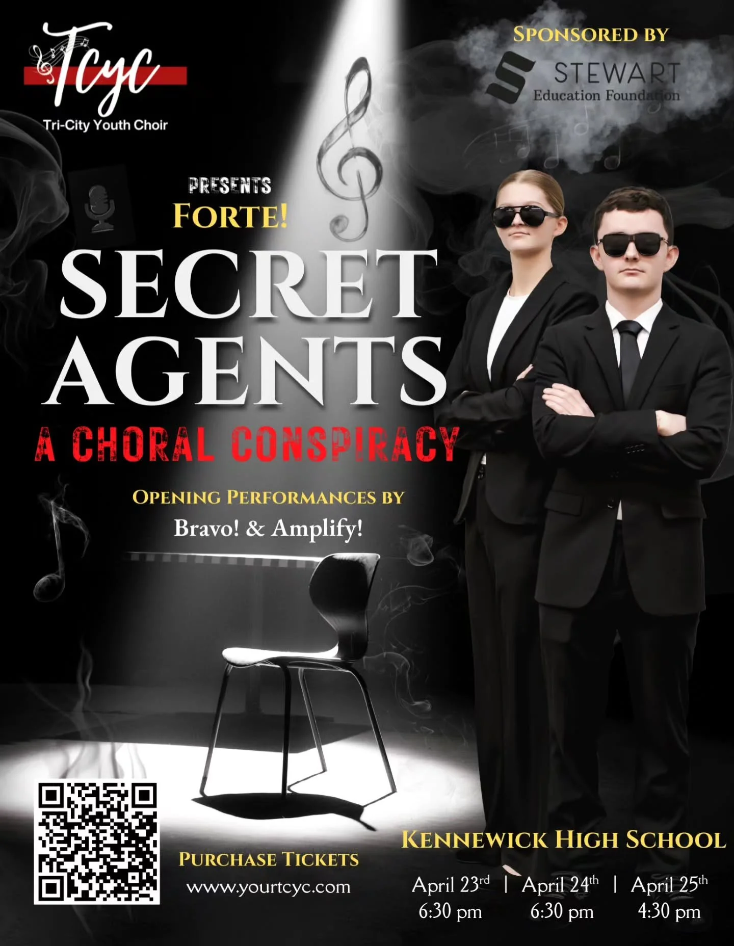 Come see Forte! Amplify! and Bravo! in "Secret Agents: A Choral Conspiracy" 🎙🕵&zwj;♀️🕵&zwj;♂️🔎

🎯 THURSDAY, April 23rd, 6:30 pm
🎯 FRIDAY, April 24th, 6:30 pm
🎯 SATURDAY, April 25th, 4 pm

📍Kennewick High School 
Tickets go on sale s