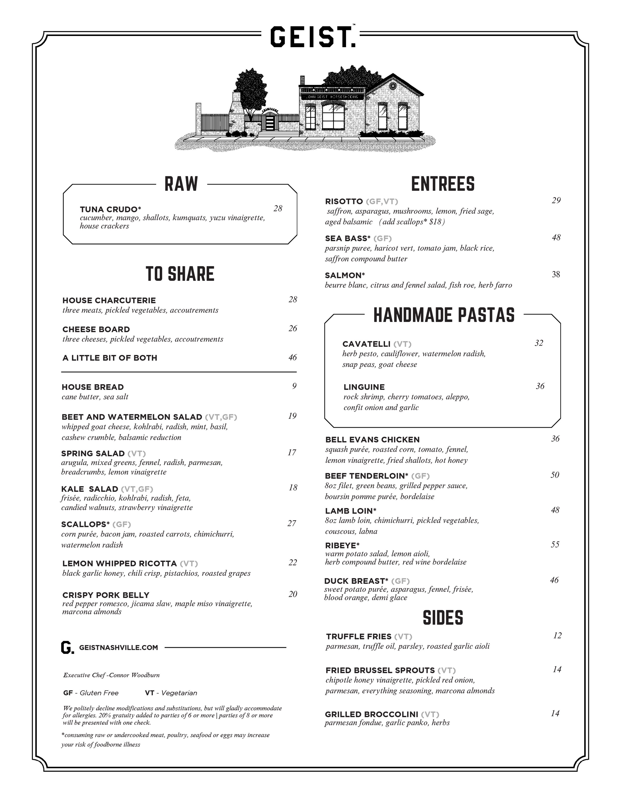 Geist Nashville Dinner Menu - May 2026