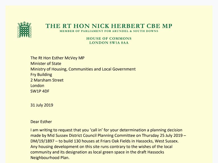 Nick asks Minister to intervene in Hassocks planning decision  