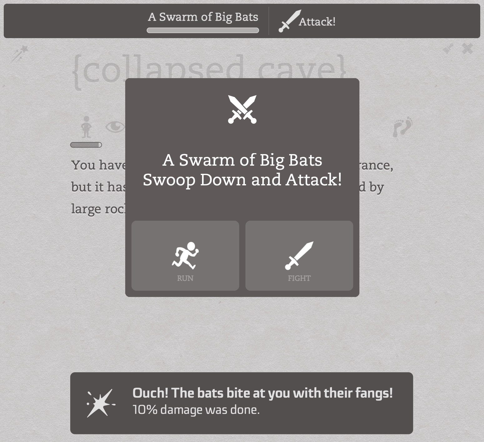 The new Battle Mode engages whenever a battle begins with a monster or character in your story, showing updates of hits and misses, and your current health. All the normal interactive story controls are available as you battle your foe.