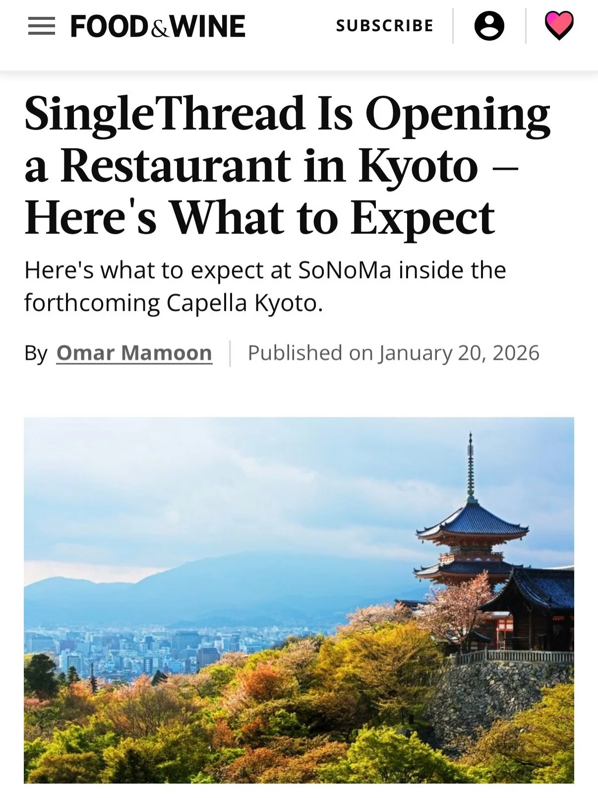 one more F&amp;W piece coming at you this week, an opening xxclusive: the singular @singlethreadfarms is bringing a little California to Kyoto with the debut of an intimate 12-seat restaurant&mdash;it&rsquo;s called SoNoMa by SingleThread, and it&rsq