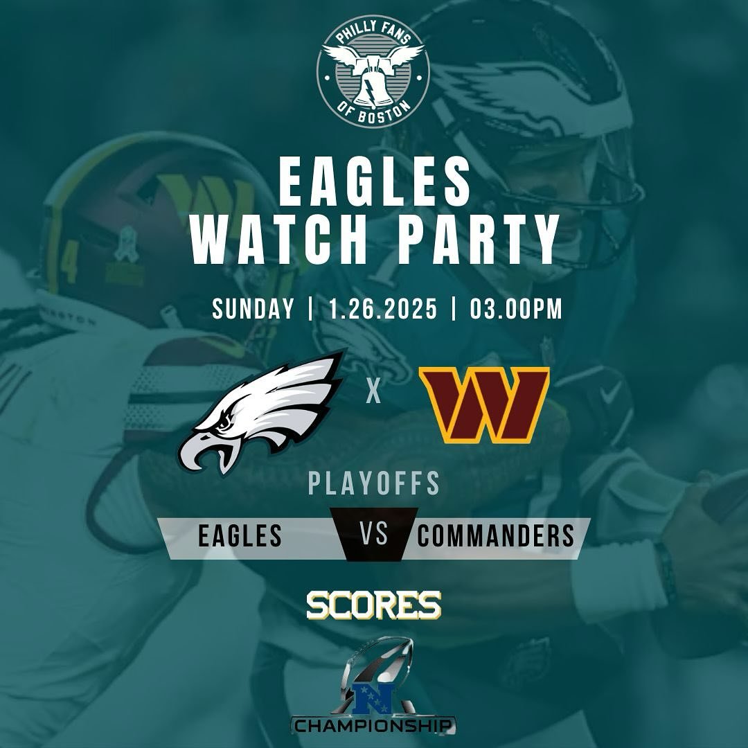 🦅GAME WATCH ANNOUNCEMENT🦅

📍Scores Boston - Both floors open to Eagles fans at 1:00 p.m. 

2024 Division Playoffs
Rams vs Eagles
Sunday January 26, 2025
3:00 P.M.

Two down, two to go!  And what a beautiful masterpiece No. 2 was!  Saquon the Snowm