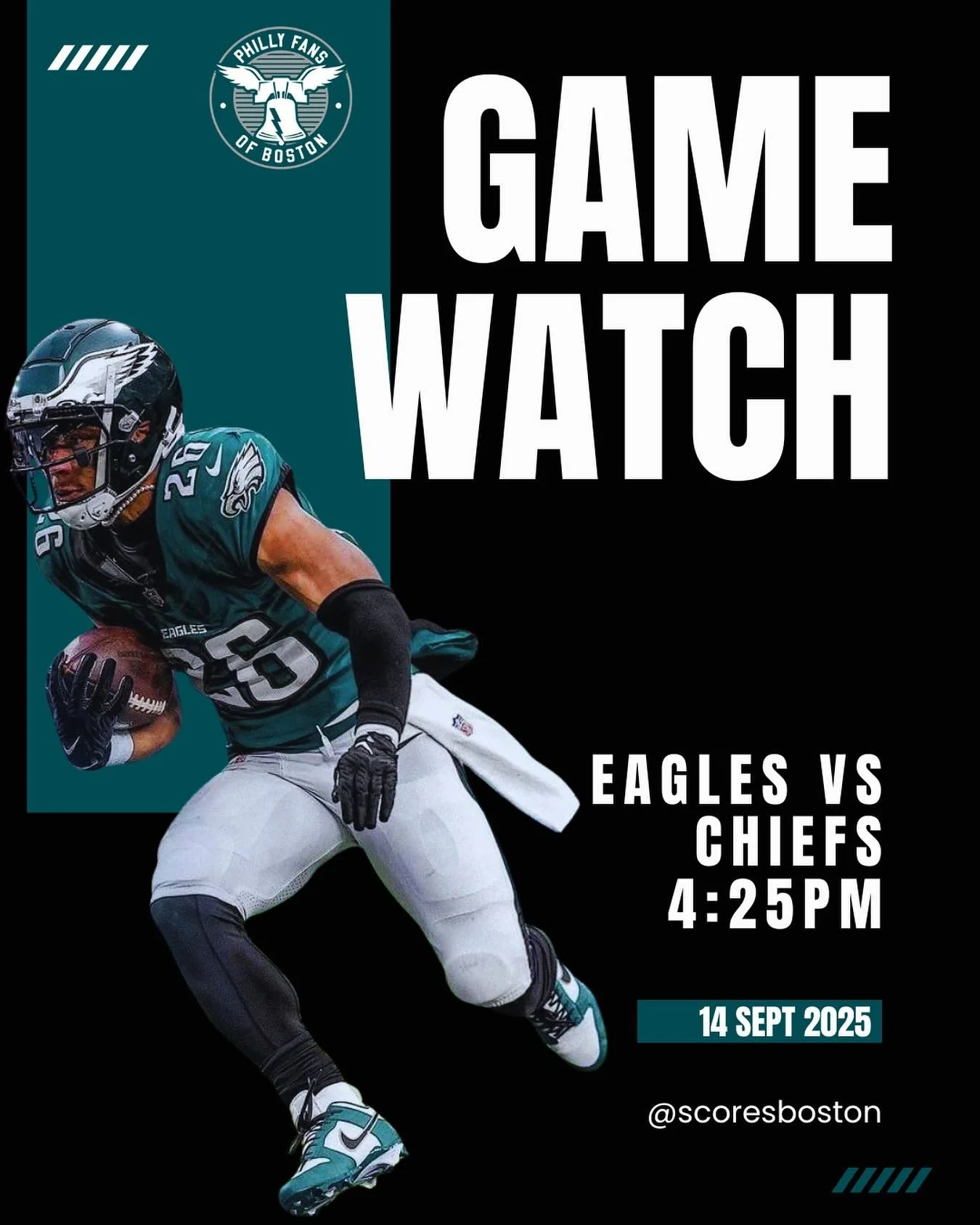 🦅GAME WATCH ANNOUNCEMENT🦅

2025 Week 2
Eagles vs Chiefs
Sunday September 14, 2025
4:25pm kickoff

@scoresboston 166 Canal St., steps from TD Garden

Featuring @djskoolyahd 🎧
Both floors, no reservations!

Hell of a start by you all last week!  Whi