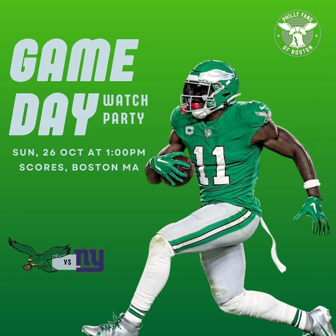 🦅GAME WATCH ANNOUNCEMENT🦅
KELLY GREEN WEEK 
‼️Signed Vince Papale jersey raffle prize (swipe ➡️ for info)
2025 Week 8
Giants vs Eagles 
Sunday October 26,  2025
1:00 pm kickoff, doors at 11 am
@scoresboston 166 Canal St., steps from TD Garden
N