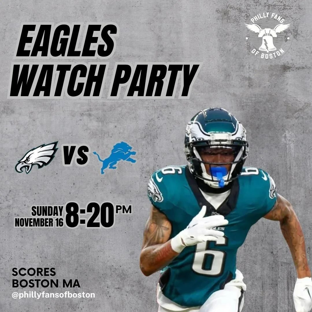 🦅GAME WATCH ANNOUNCEMENT🦅
Signed SB 52 Champion Ronald Darby jersey raffle prize

2025 Week 11
Lions vs Eagles
Sunday November 16, 2025
8:20pm kickoff

@scoresboston 166 Canal St., steps from TD Garden

Featuring @djskoolyahd 🎧
Both floors, no res