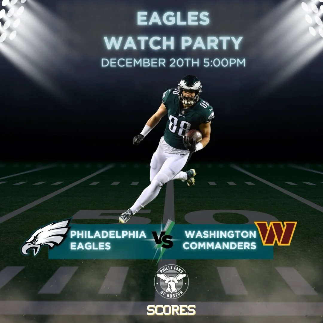 🦅GAME WATCH ANNOUNCEMENT🦅

2025 Week 16
Eagles vs Commanders
Saturday, December 20, 2025
5:00pm kickoff

@scoresboston 166 Canal St., steps from TD Garden

Featuring @djskoolyahd 🎧
Both floors, no reservations!

If you are still in town this weeke