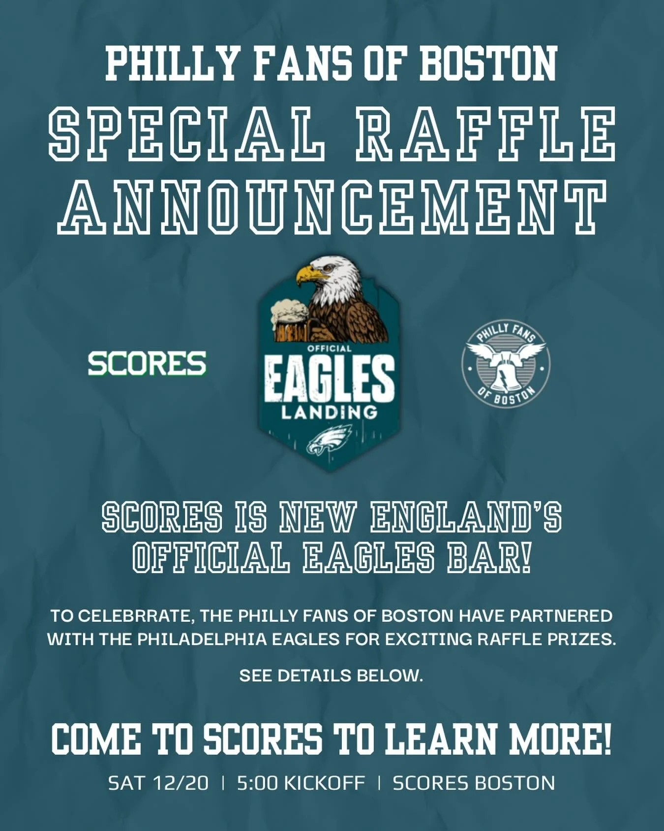 TODAY the Eagles play the Commanders to clinch the NFC East for back to back years&hellip; and YOU can watch at New England&rsquo;s OFFICIAL Eagles Landing bar @scoresboston

To celebrate this honor, THE Philadelphia Eagles contacted us to sponsor a 