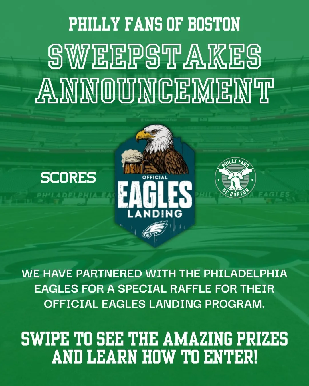 ***ALERT ALERT AMAZING SWEEPSTAKES NEWS***

@scoresboston is THE official New England watch spot for Eagles games, and we&rsquo;ve partnered with the @philadelphiaeagles through the Official Eagles Landing program for an exciting worldwide sweepstake