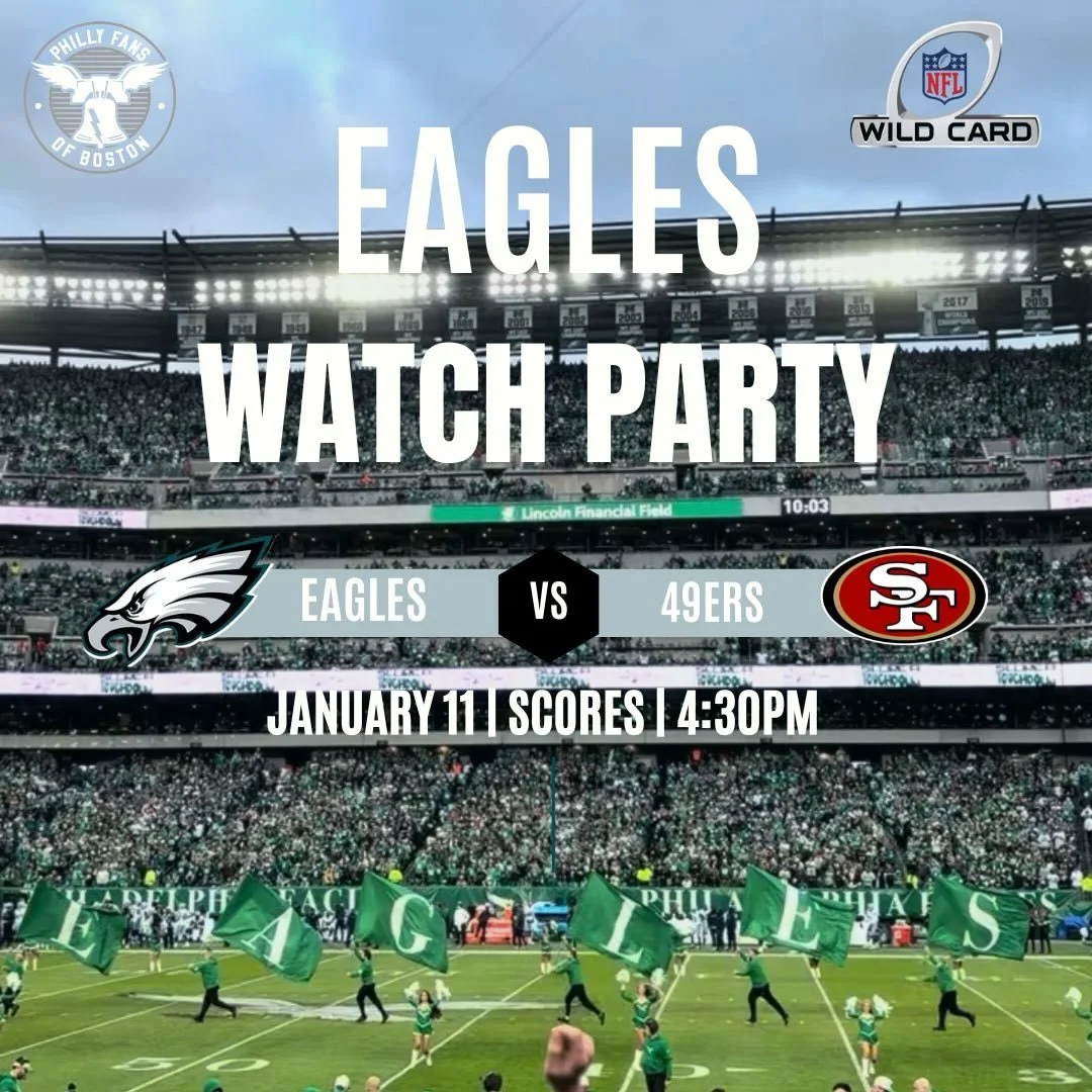 🦅GAME WATCH ANNOUNCEMENT🦅
🎟️Special Raffle Prize: XL Kelly Green Jalen Hurts Jersey🎟️

2025 Wild Card Playoffs
49ers vs Eagles
Sunday, January 11, 2026
4:30pm kickoff

@scoresboston 166 Canal St., steps from TD Garden

Featuring @djskoolyahd 🎧
B