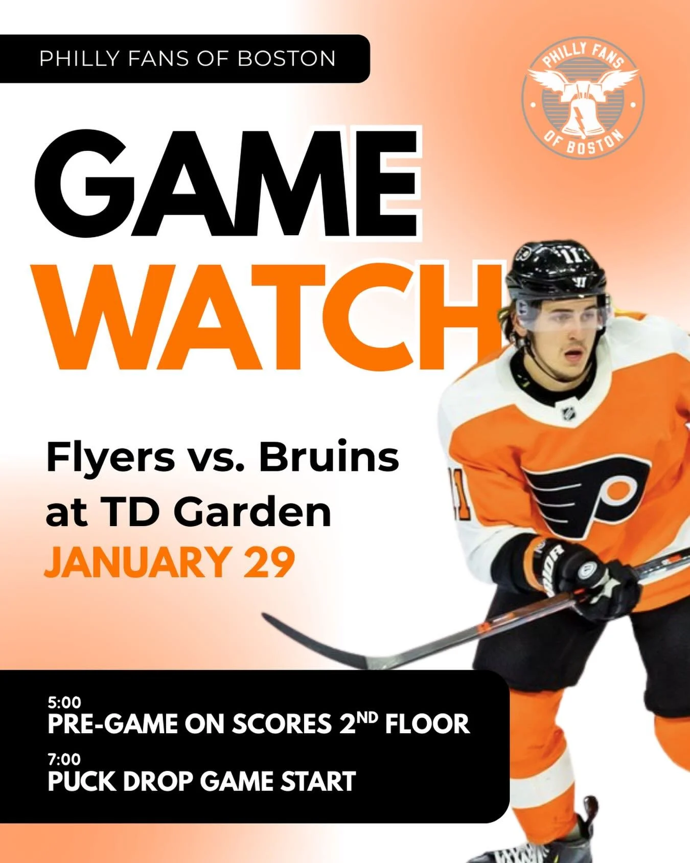 PHILLY FANS OF BOSTON. TIME TO BLEED ORANGE.
-
The Flyers are in town and playing the Bruins at TD Garden TOMORROW, Thursday 1/29. Come pre-game and watch with us at Scores up on the second floor starting at 5pm.
-
Who will we see at Scores or at the